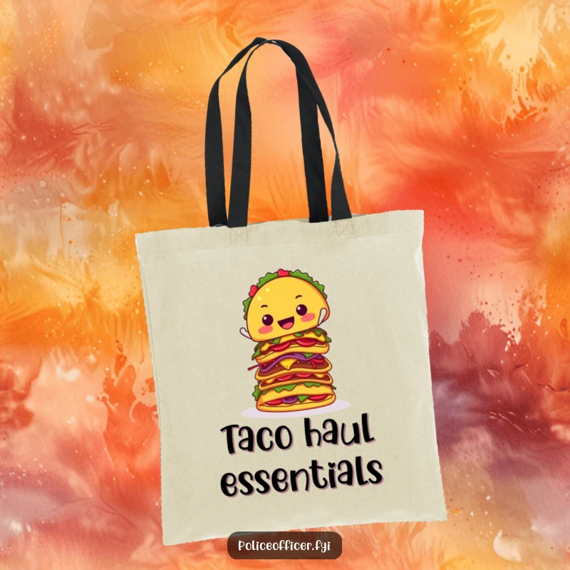 Funny tote bag illustrated with a happy taco precariously stacking multiple tacos, ideal for market trips and carrying humorous groceries.